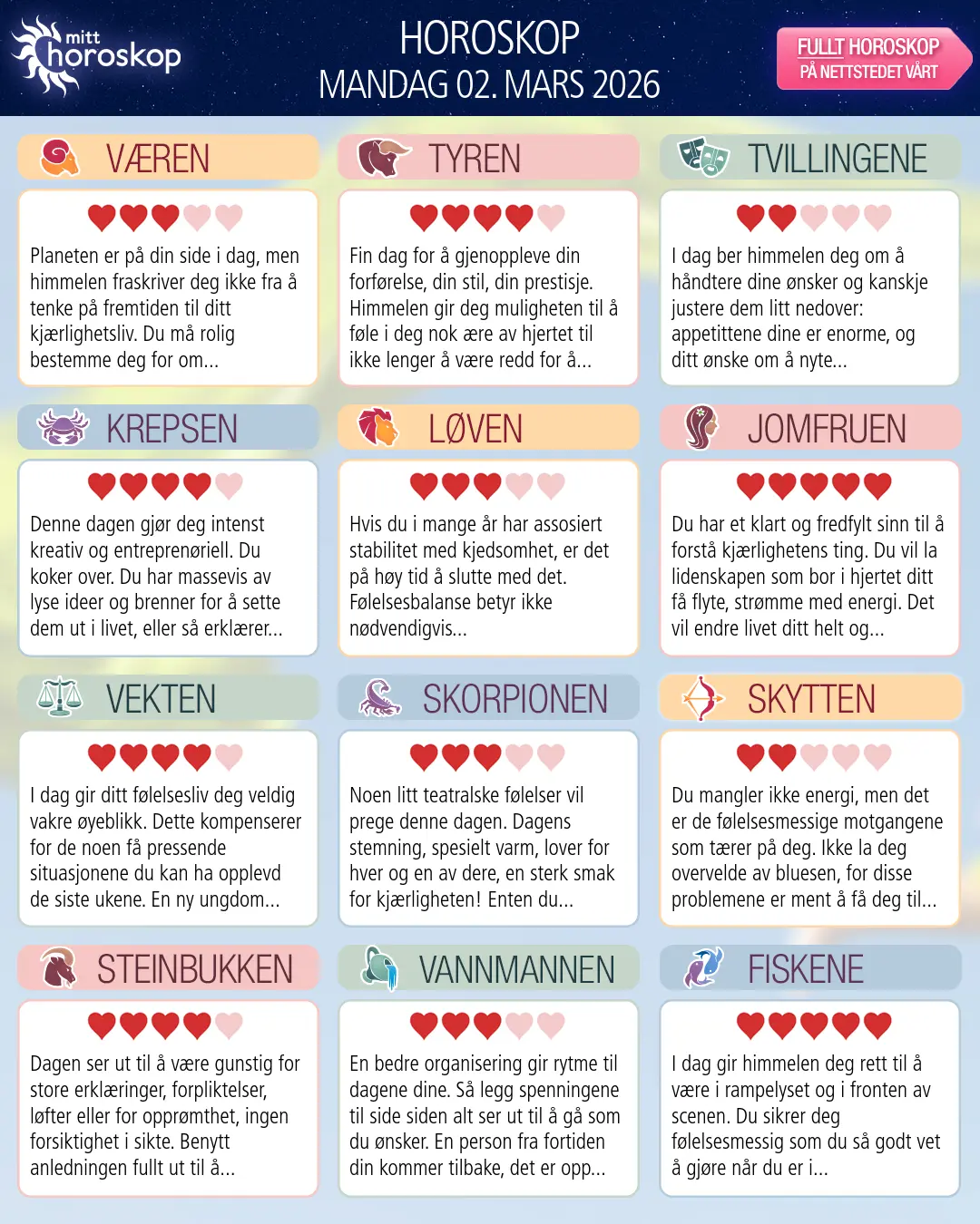 Krepsen: ditt horoskop for i morgen, 3. mars 2026