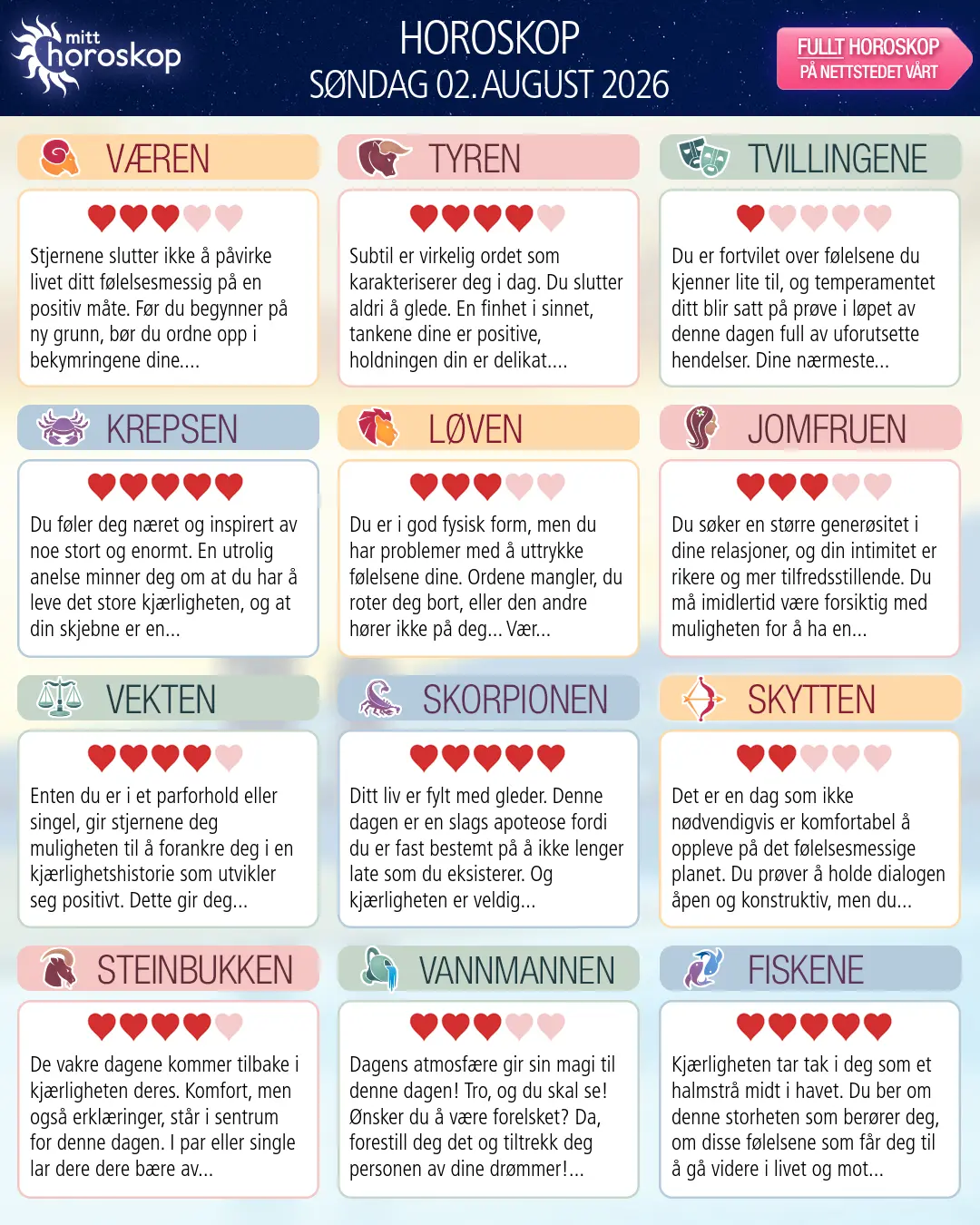 Dagens horoskop for for Tyren, 2 august 2026