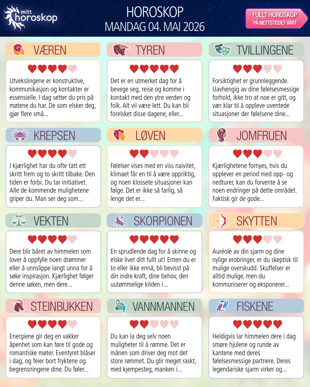 Dagens horoskop for for Vannmannen, 4 mai 2026