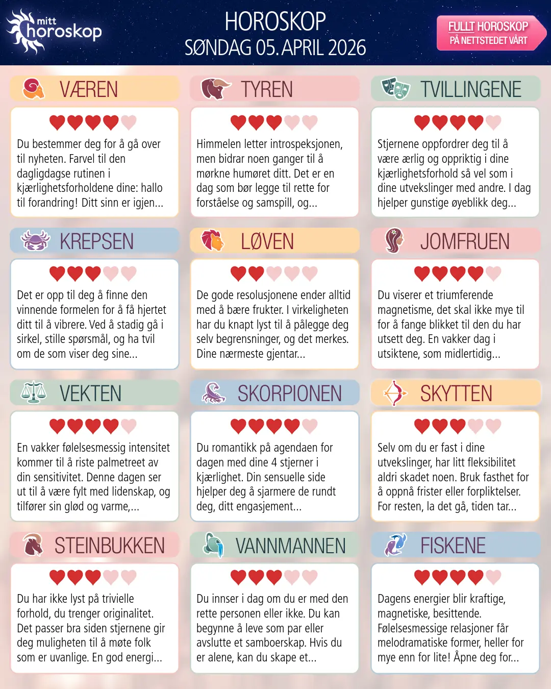 Dagens horoskop for for Tyren, 5 april 2026