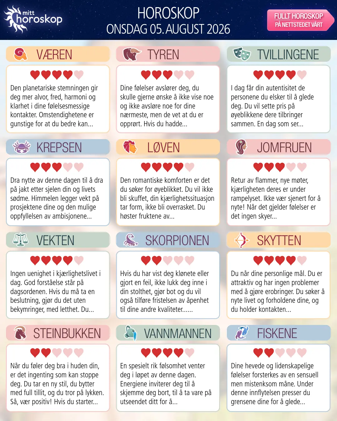 Dagens horoskop for for Vannmannen, 4 august 2026