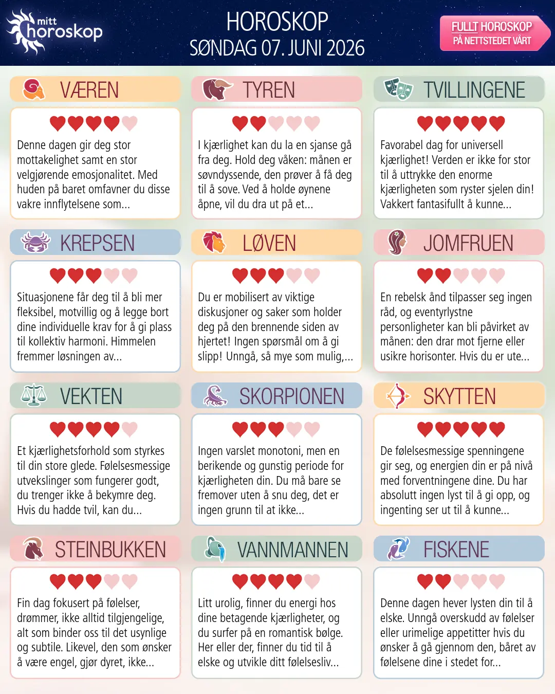 Dagens horoskop for for Krepsen, 7 juni 2026