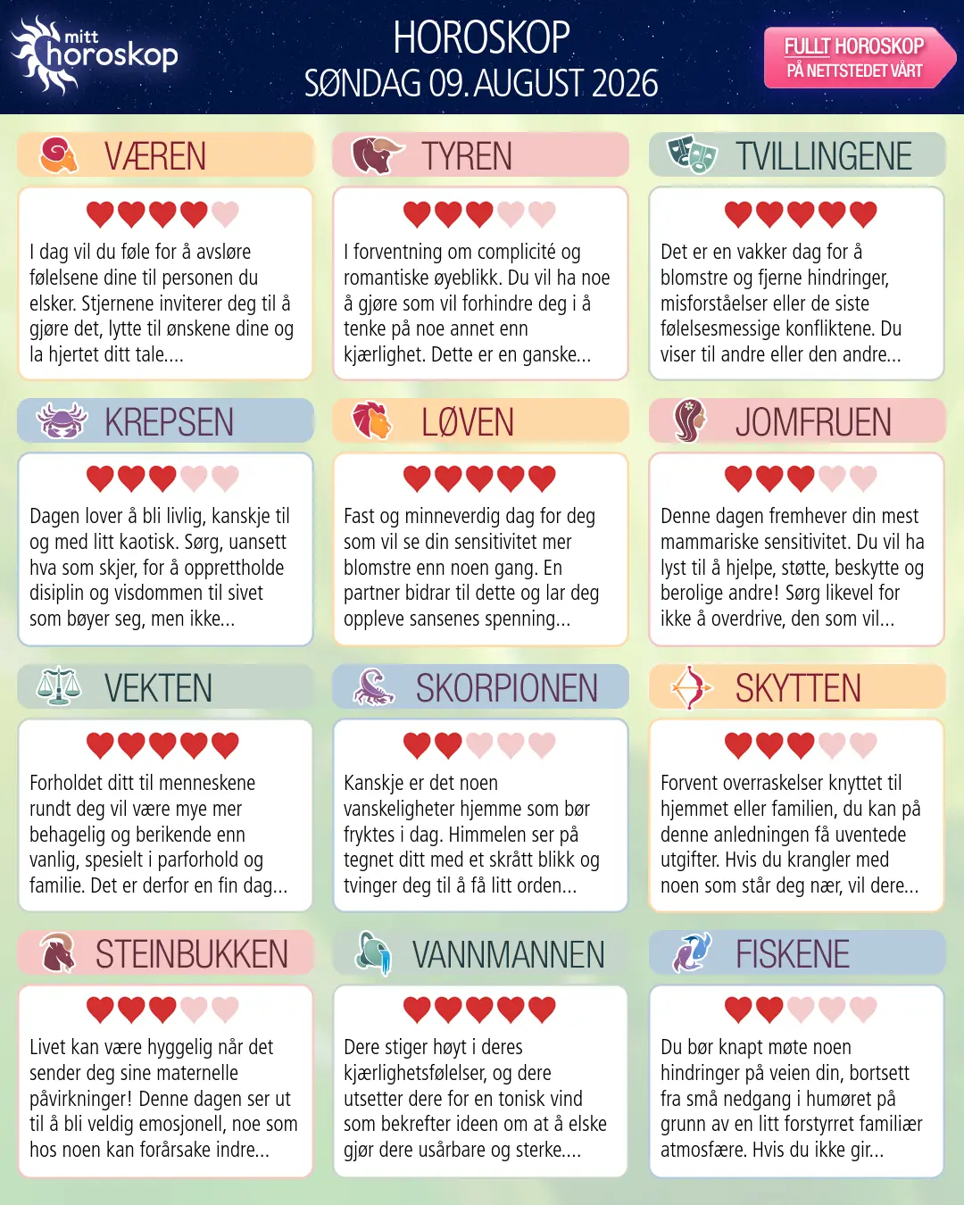 Væren: ditt horoskop for i morgen, 10. august 2026