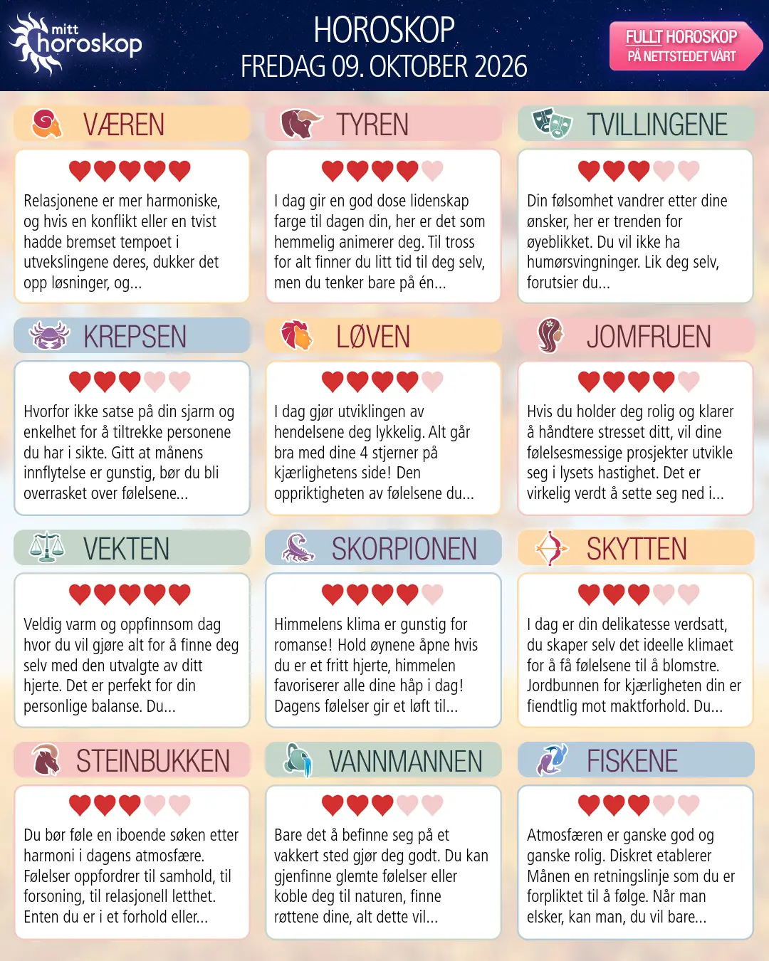 Dagens horoskop for for Jomfruen, 9 oktober 2026