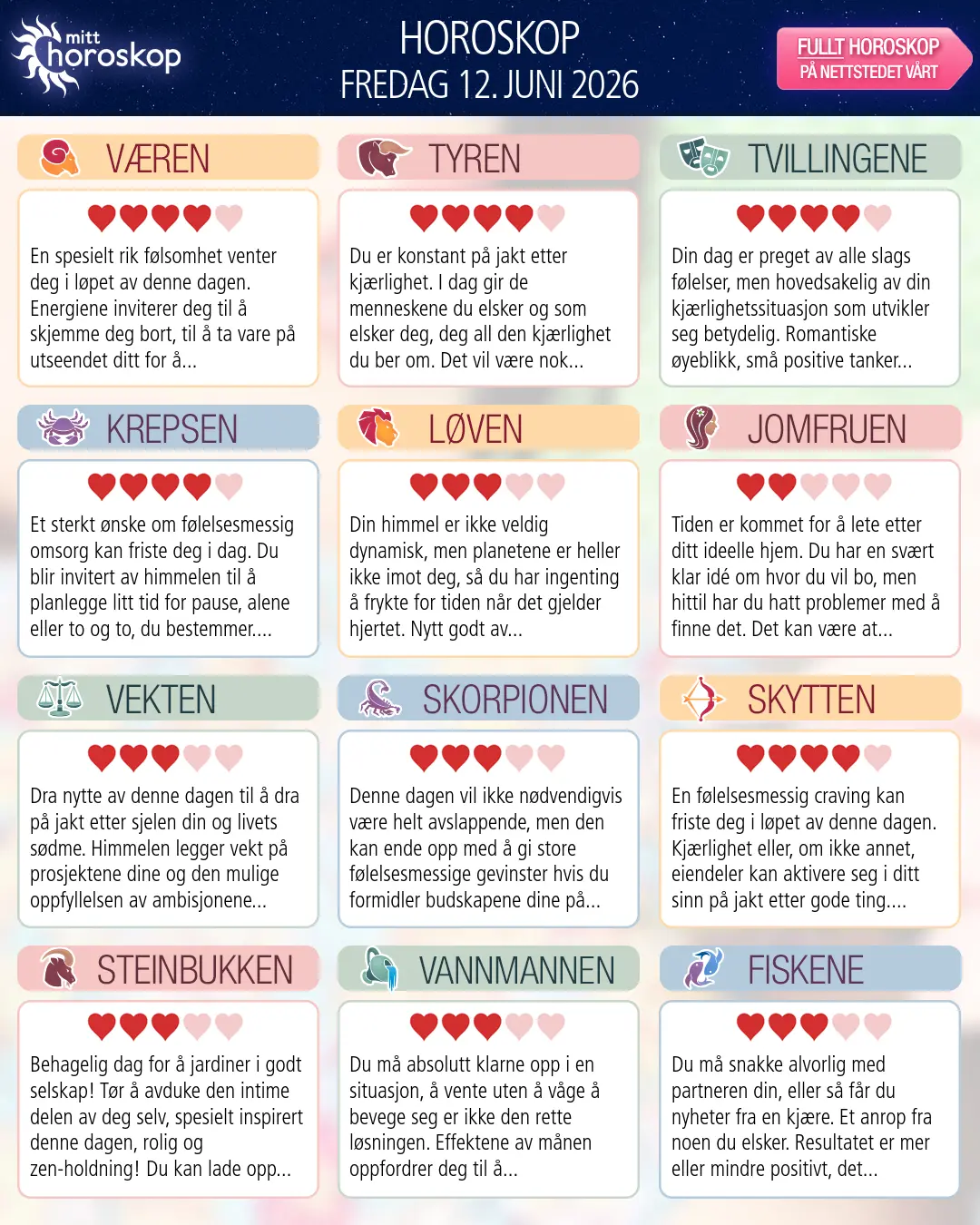 Dagens horoskop for for Vekten, 12 juni 2026