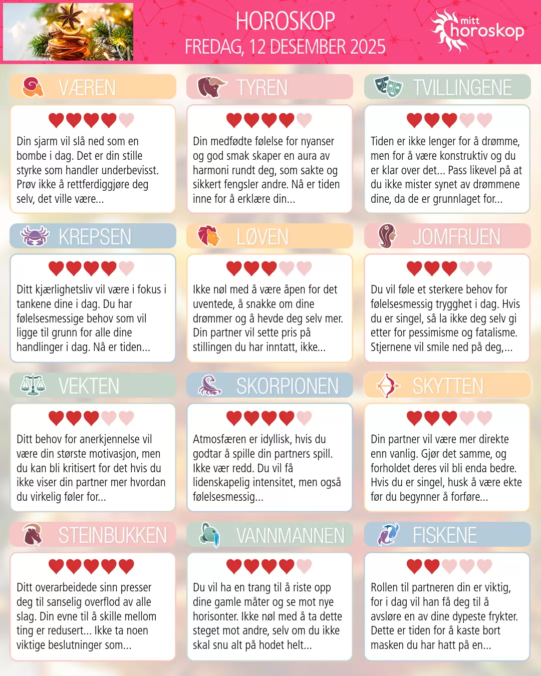 Dagens horoskop for for Jomfruen, 12 desember 2025