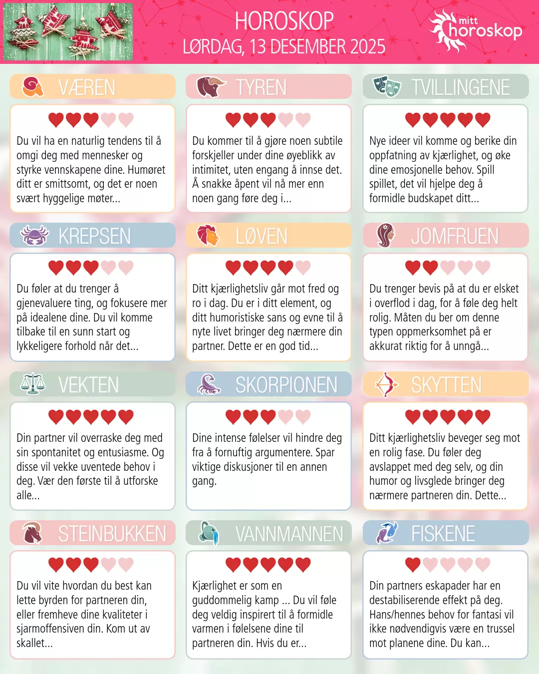 Dagens horoskop for for Væren, 13 desember 2025