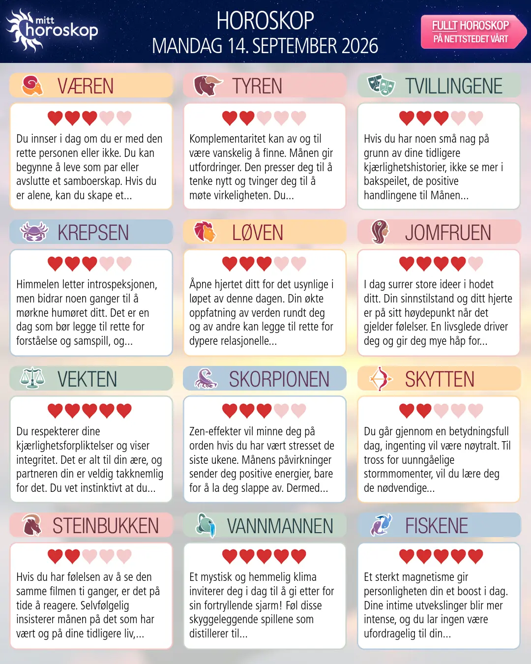Dagens horoskop for for Fiskene, 14 september 2026