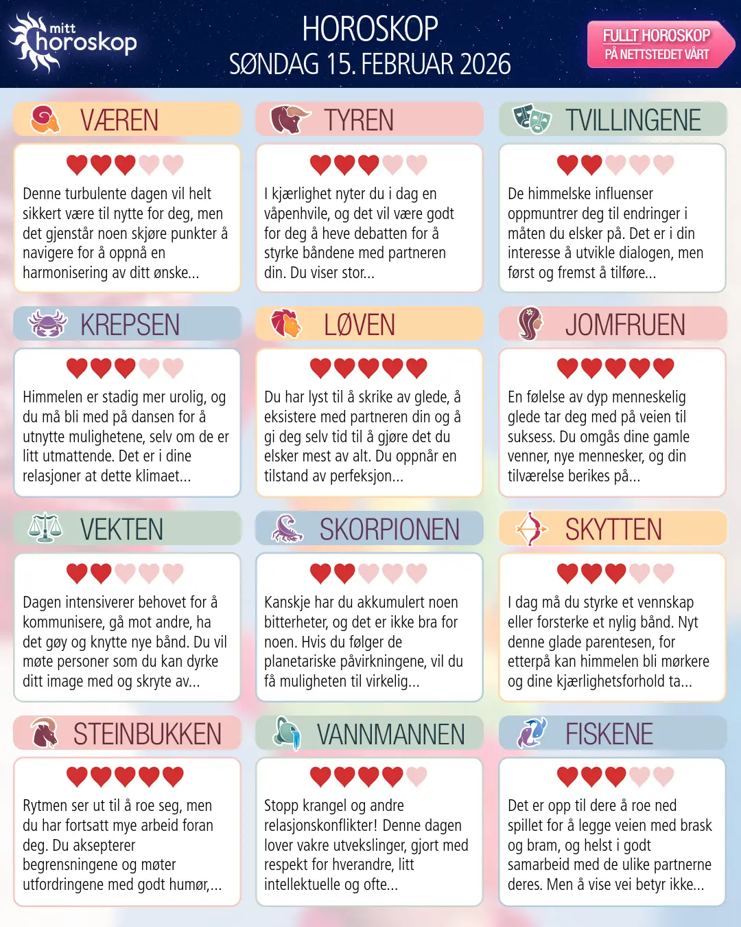Dagens horoskop for for Væren, 15 februar 2026