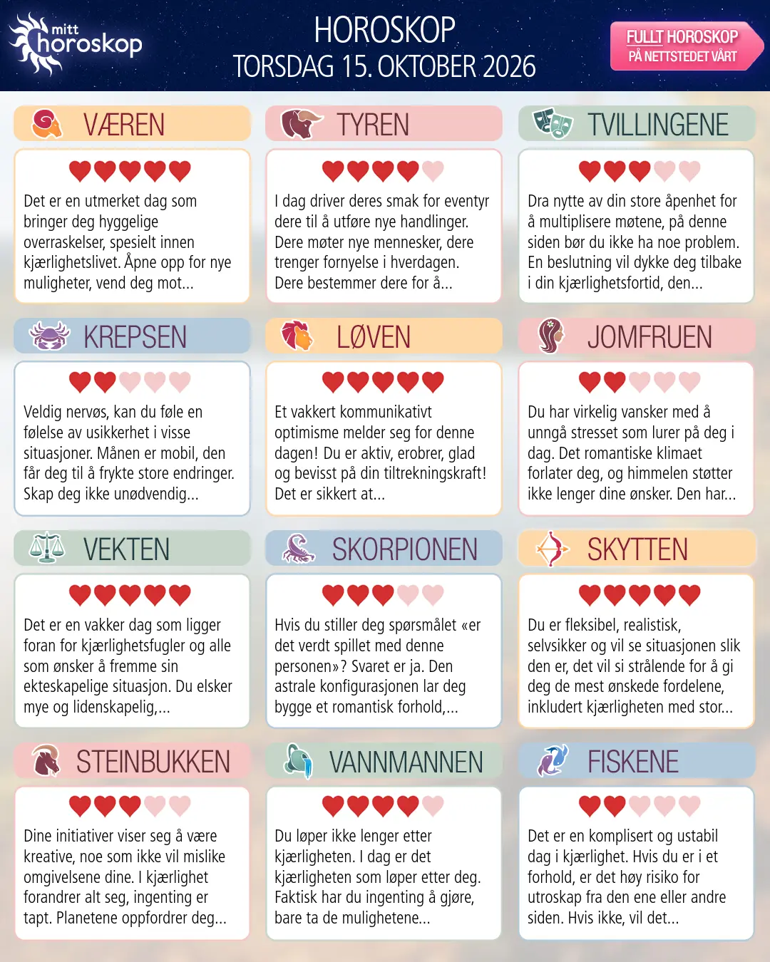 Dagens horoskop for for Væren, 15 oktober 2026