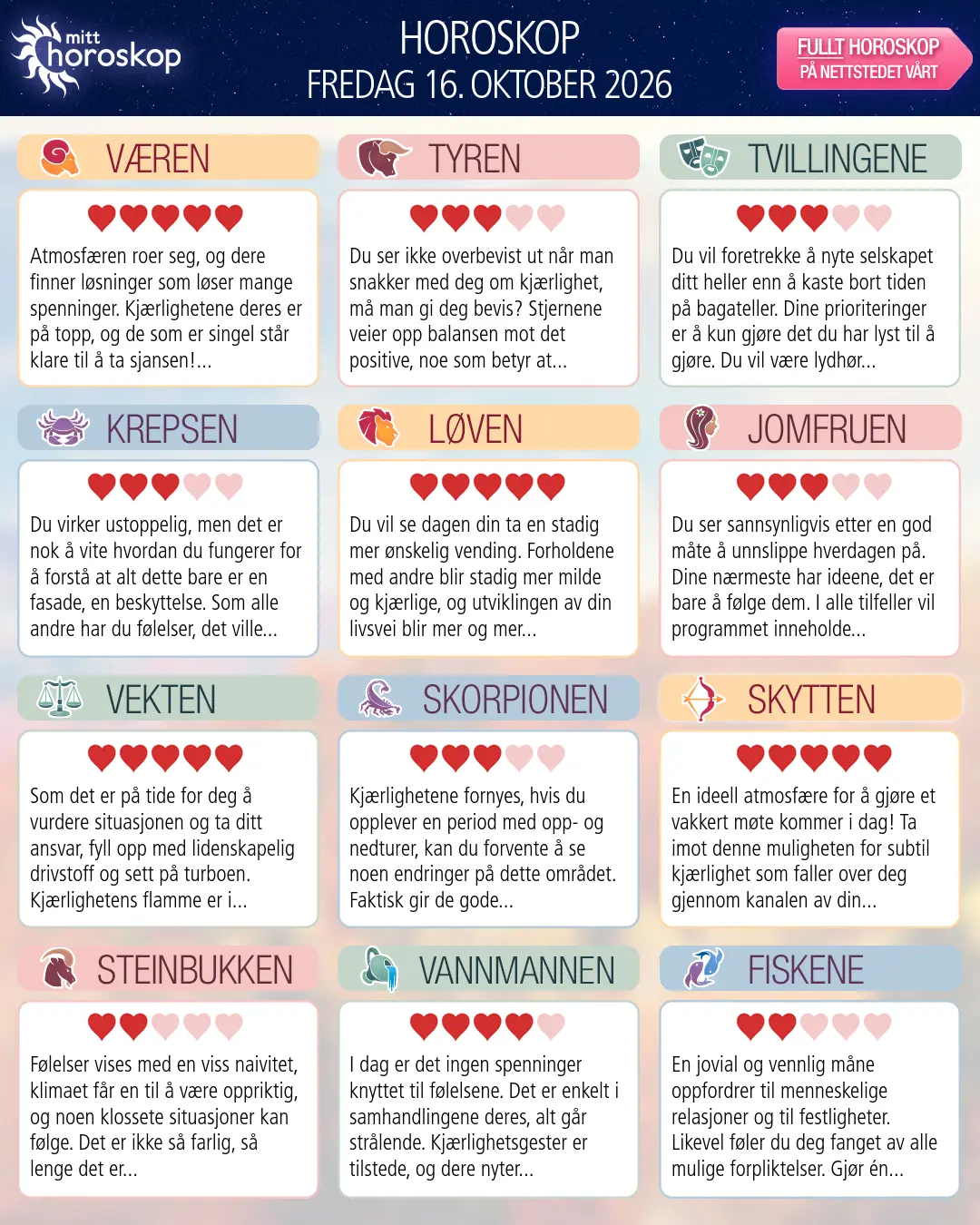 Dagens horoskop for for Væren, 15 oktober 2026