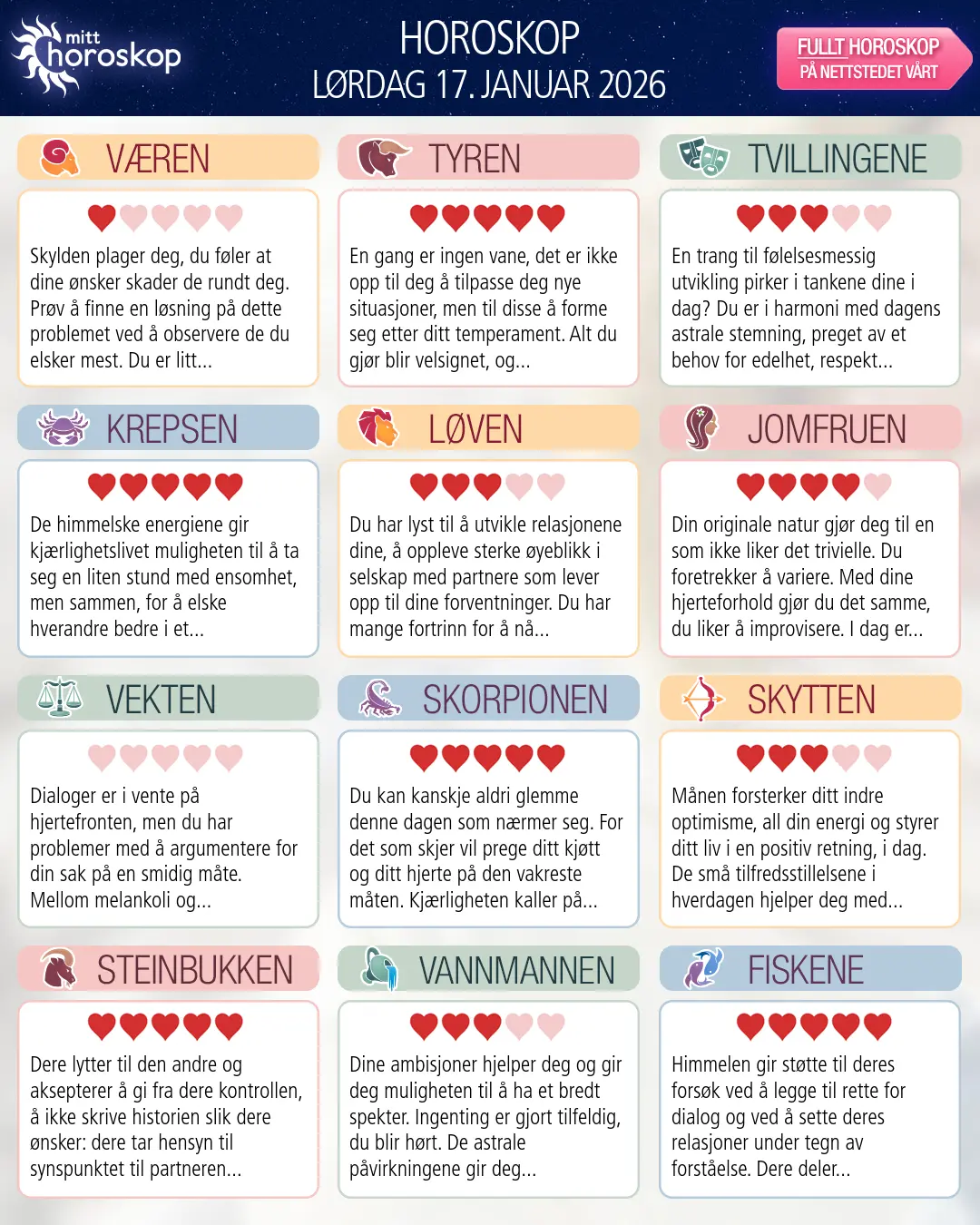 Dagens horoskop for for Væren, 17 januar 2026