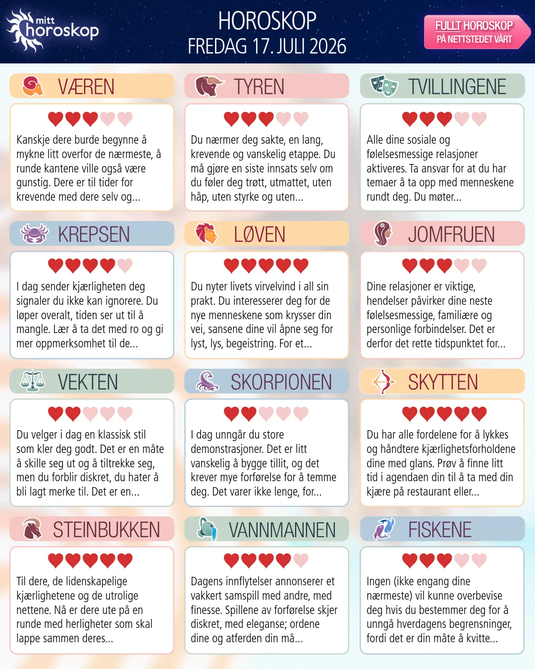 Vannmannen: ditt horoskop for 18. juli 2026