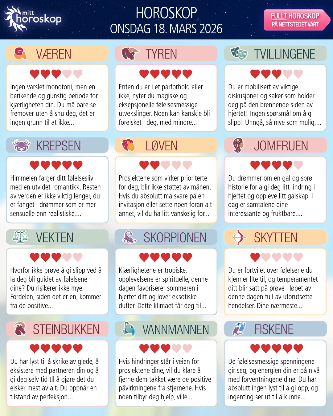 Dagens horoskop for for Væren, 18 mars 2026