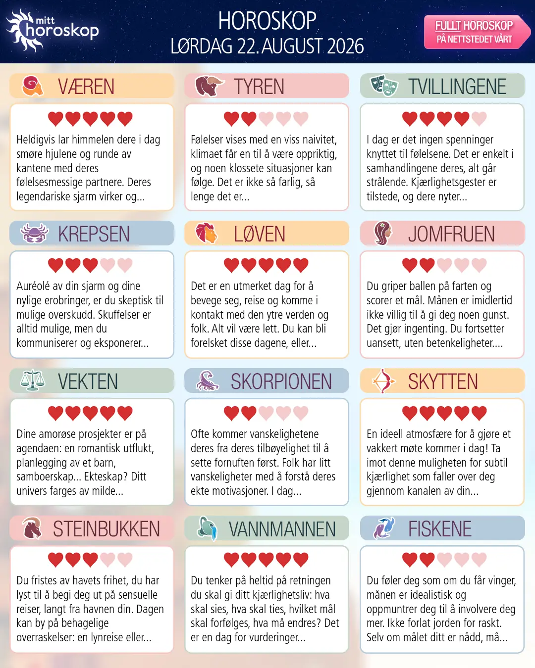 Dagens horoskop for for Tvillingene, 22 august 2026