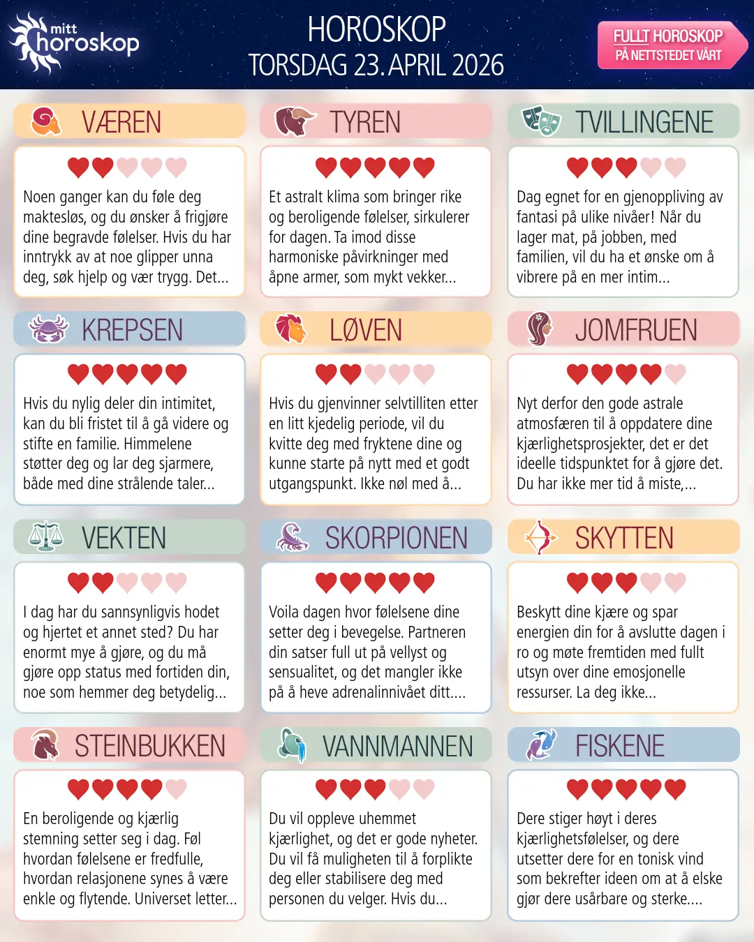 Dagens horoskop for for Tyren, 23 april 2026