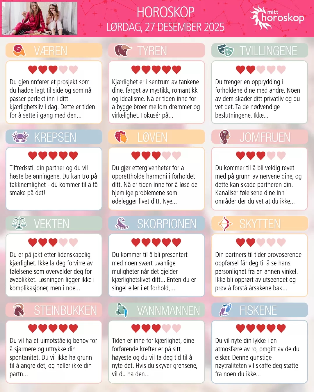 Dagens horoskop for for Tyren, 27 desember 2025