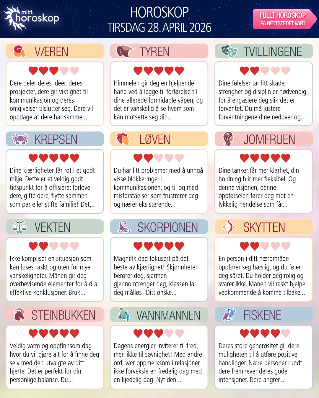 Væren: ditt horoskop for i morgen, 29. april 2026