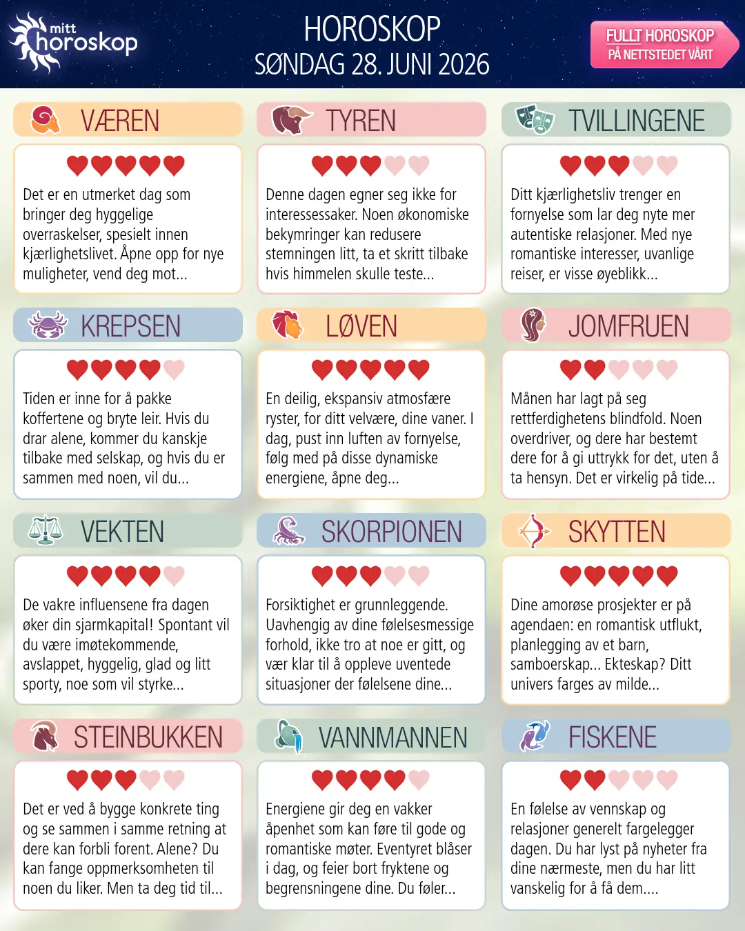 Dagens horoskop for for Jomfruen, 27 juni 2026