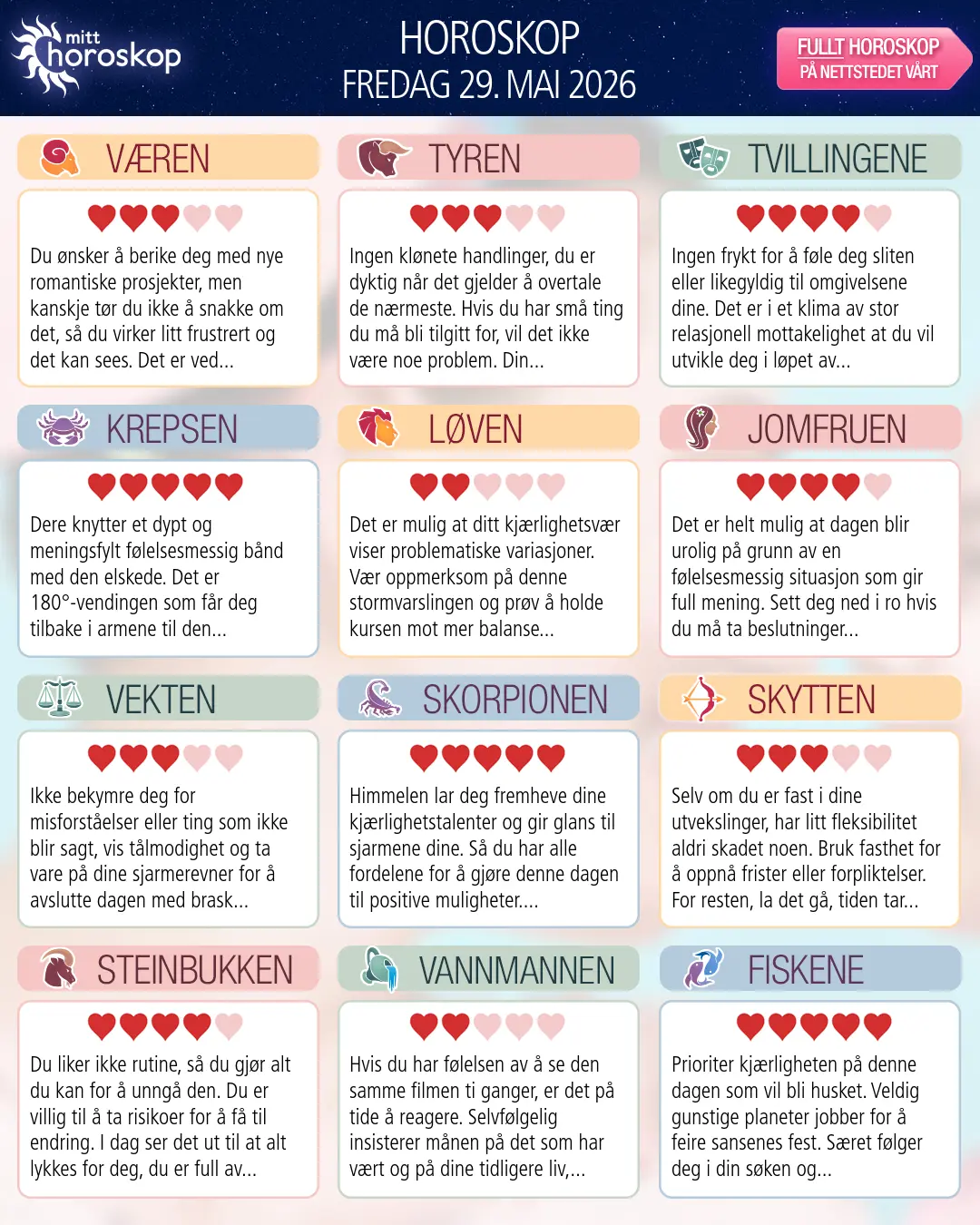 Dagens horoskop for for Tvillingene, 29 mai 2026