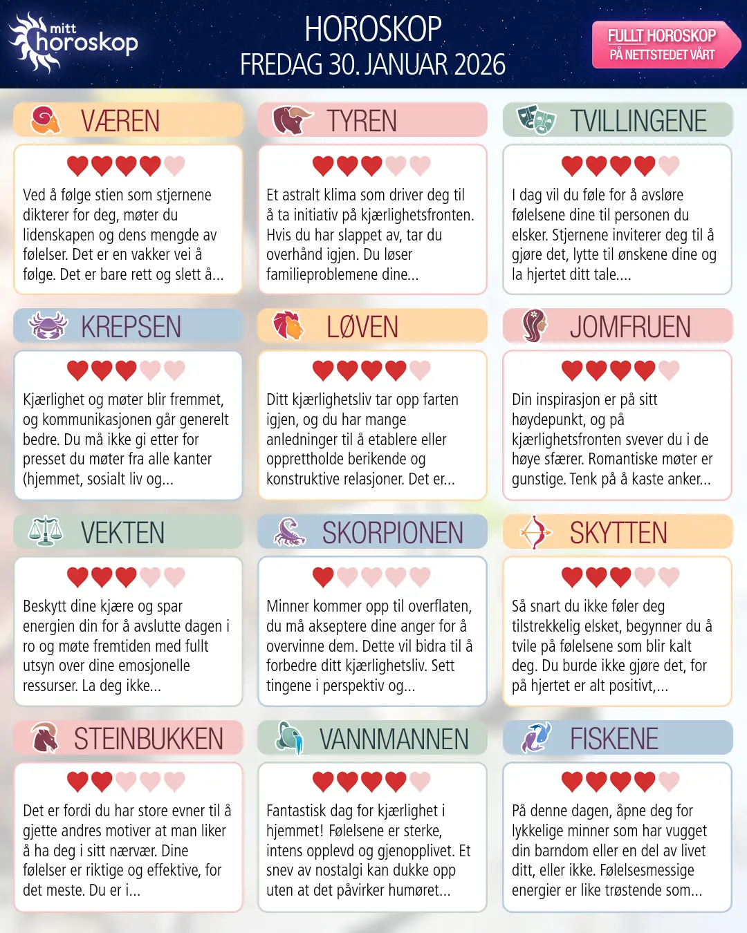 Dagens horoskop for for Jomfruen, 30 januar 2026