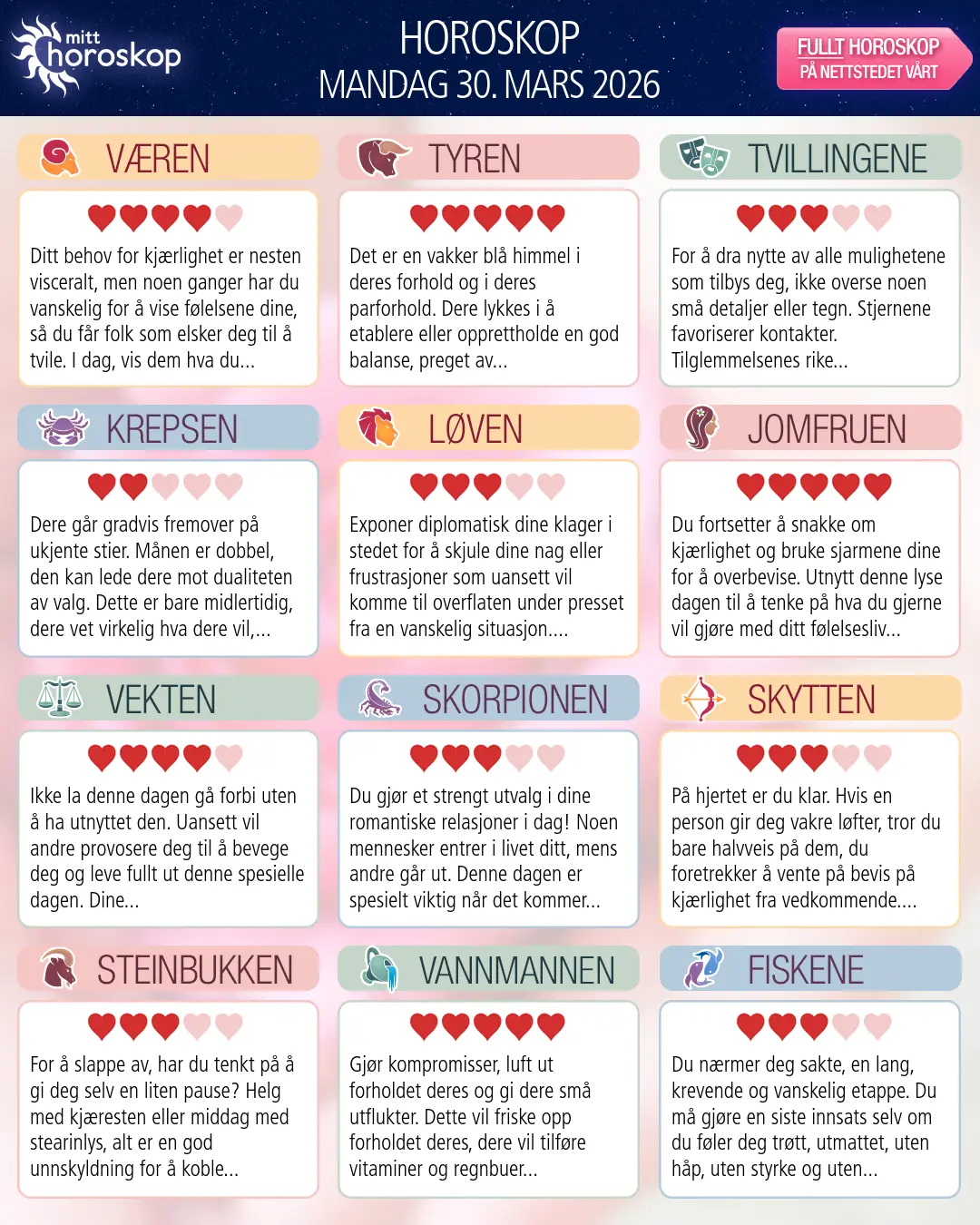 Dagens horoskop for for Tyren, 30 mars 2026