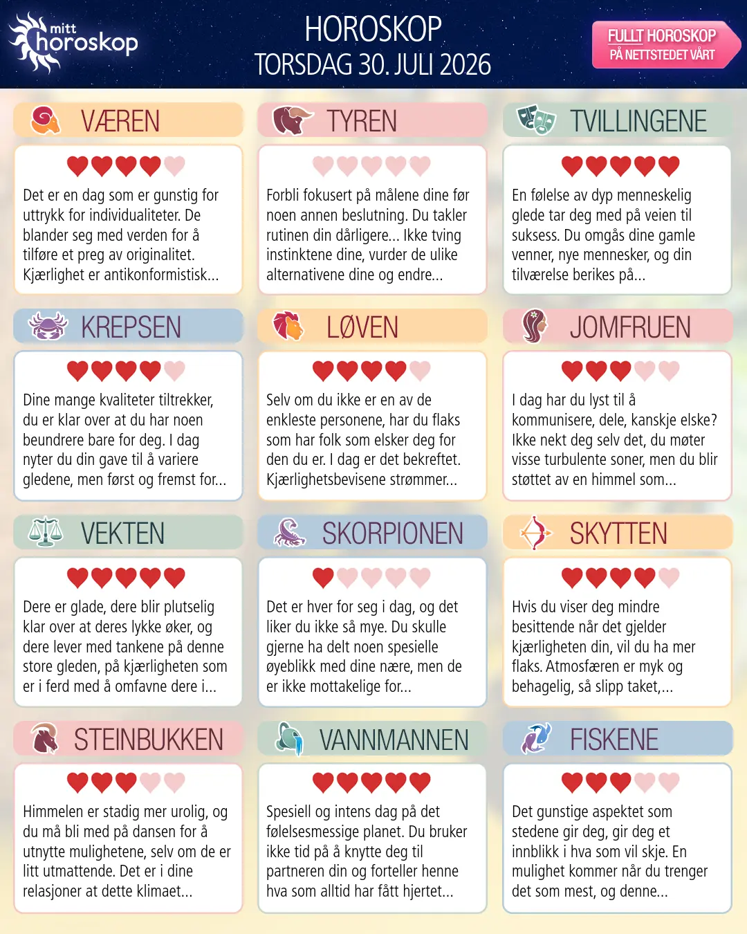 Dagens horoskop for for Tvillingene, 30 juli 2026