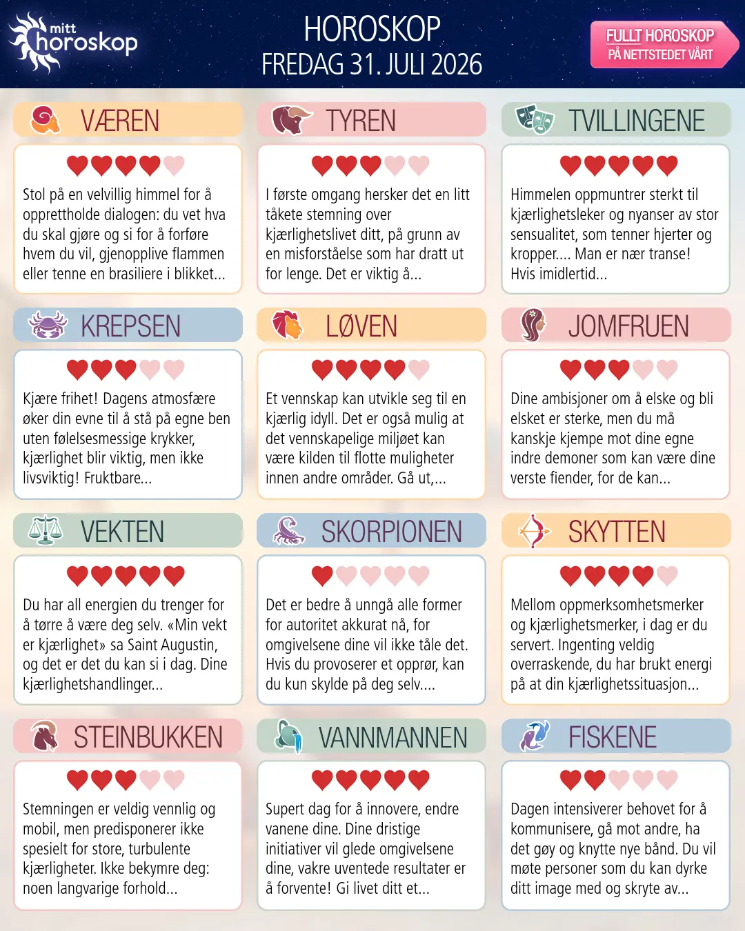 Skorpionen: ditt horoskop for i morgen, 31. juli 2026