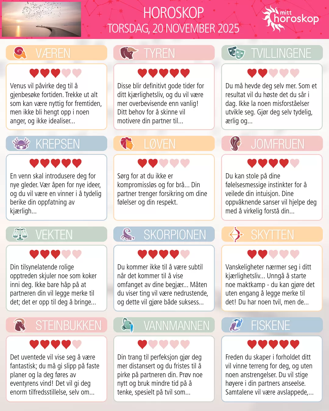 Horoskop for torsdag 20 november 2025