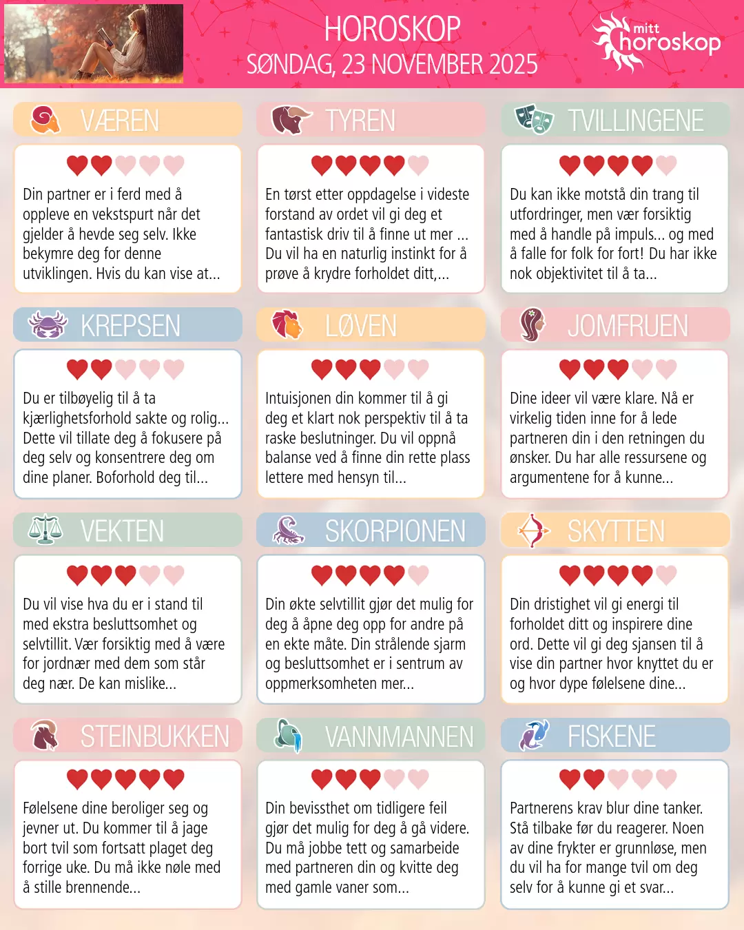 Horoskop for søndag 23 november 2025