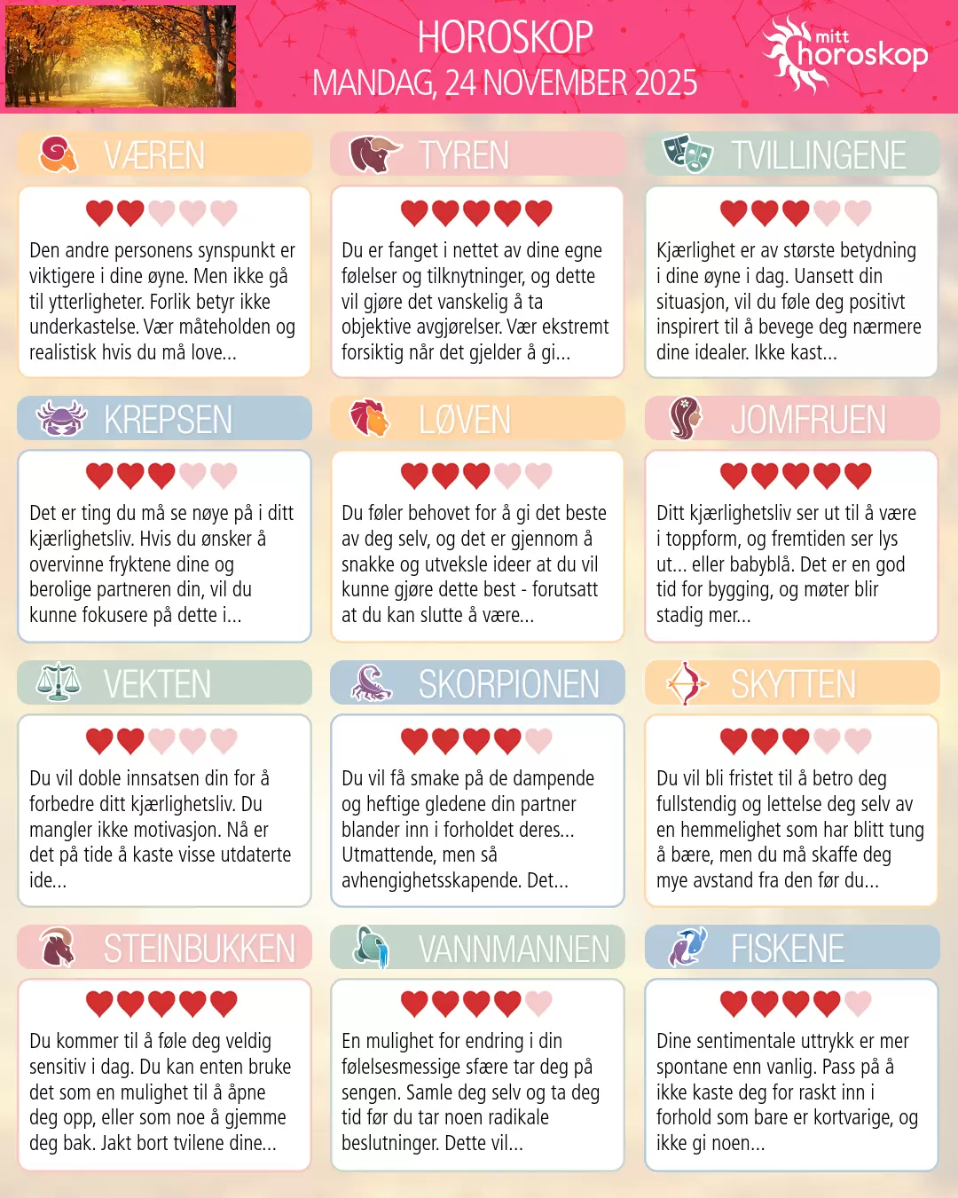Horoskop for mandag 24 november 2025
