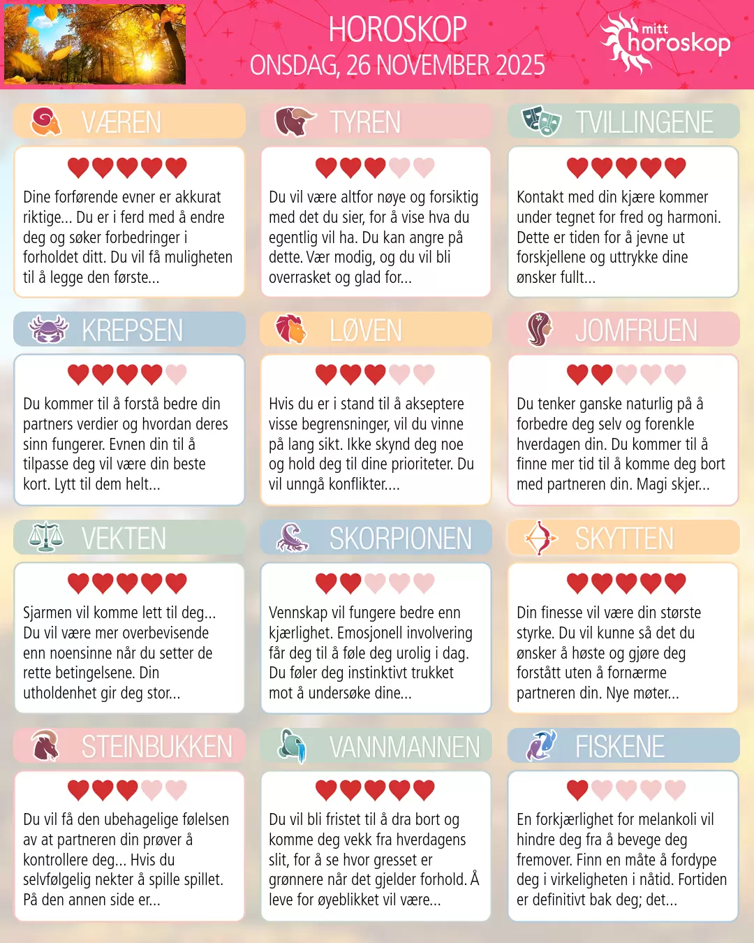 Horoskop for onsdag 26 november 2025