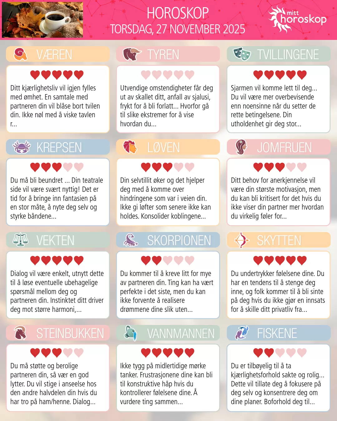 Horoskop for torsdag 27 november 2025