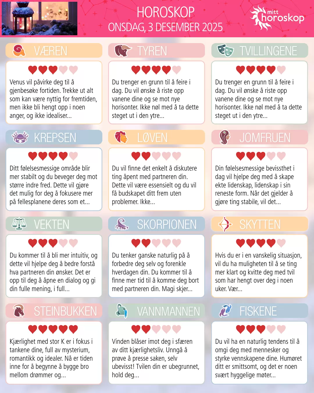 Horoskop for onsdag 3 desember 2025