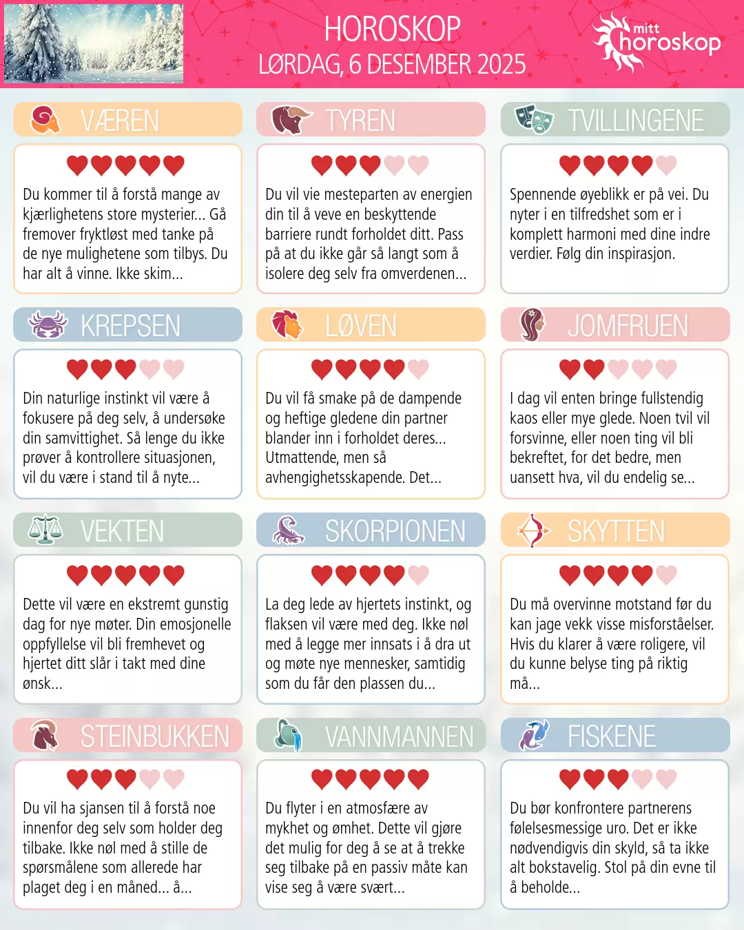 Horoskop for lørdag 6 desember 2025