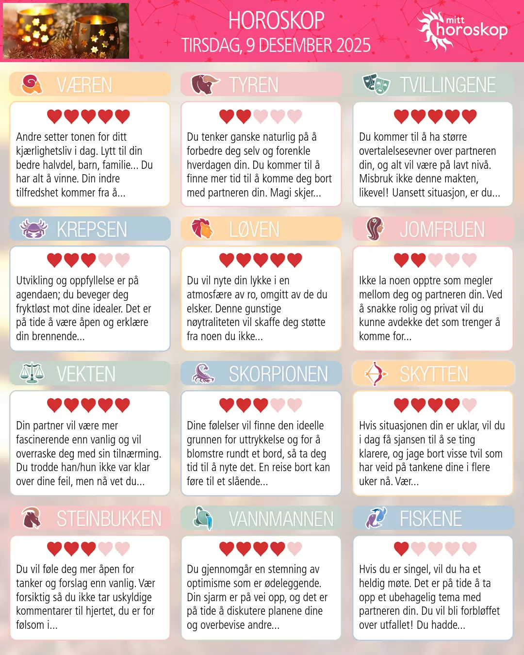 Horoskop for tirsdag 9 desember 2025