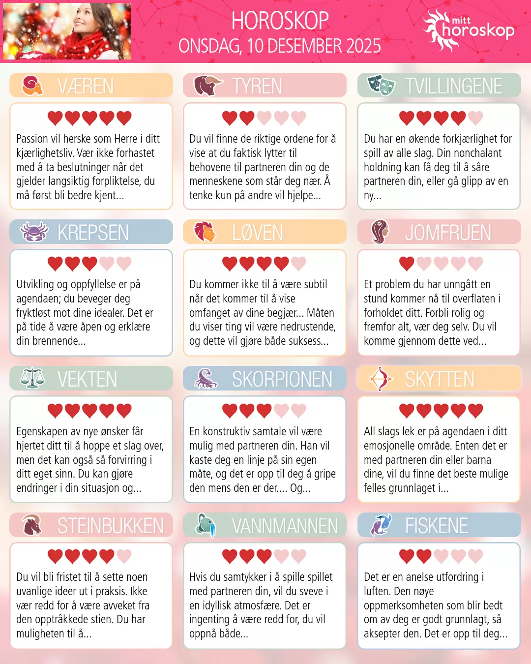 Horoskop for onsdag 10 desember 2025