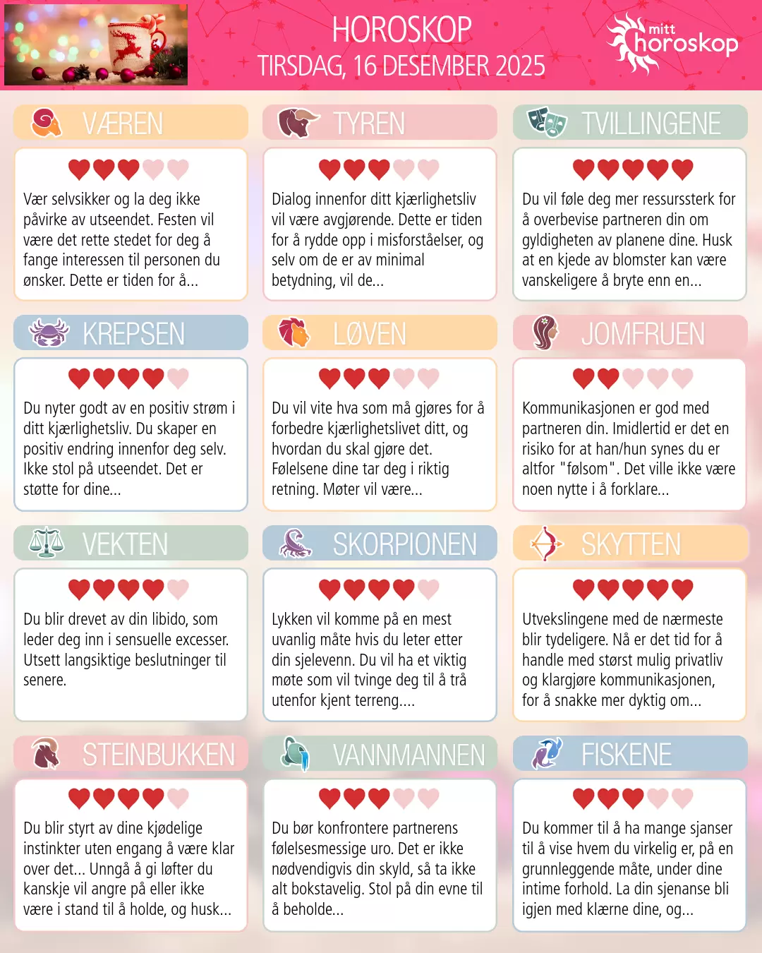Horoskop for tirsdag 16 desember 2025