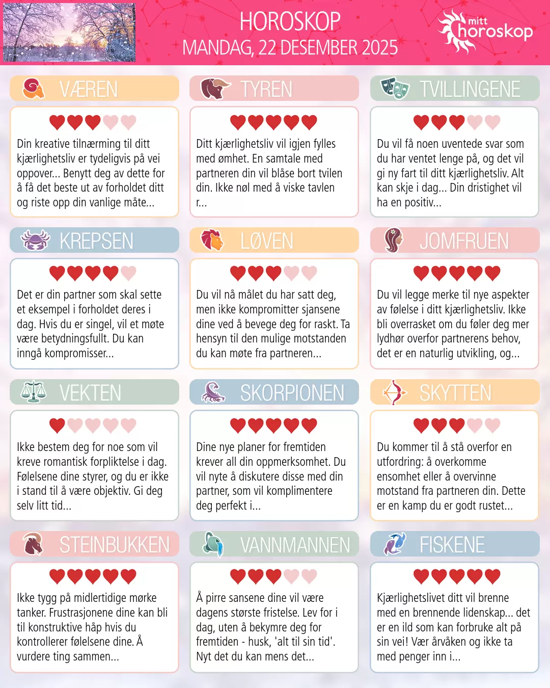 Horoskop for mandag 22 desember 2025