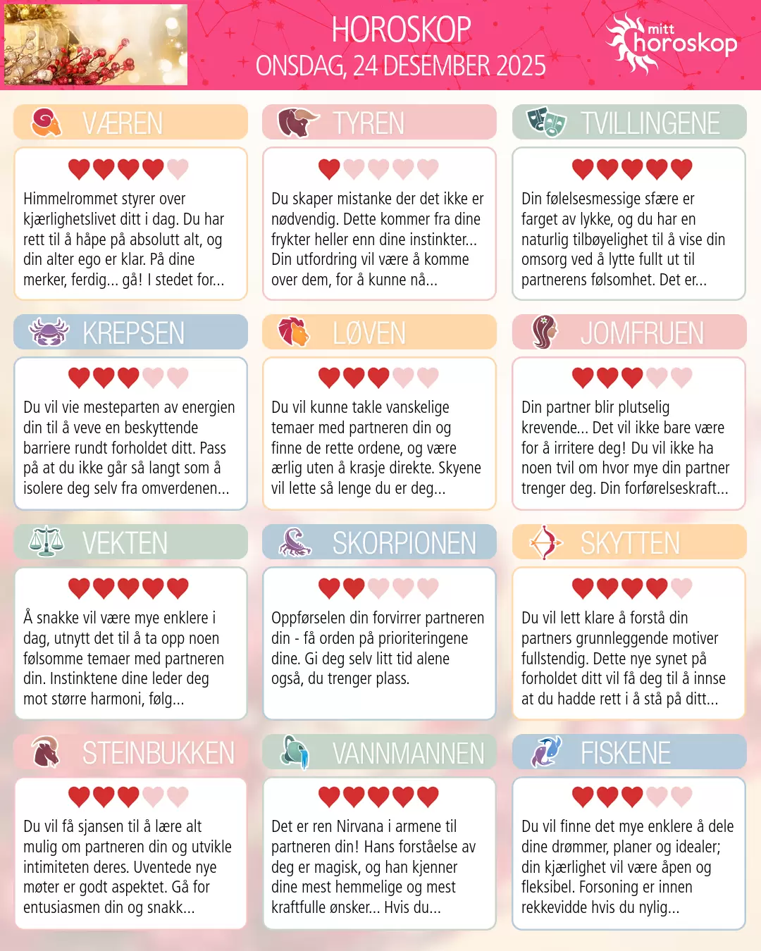 Horoskop for onsdag 24 desember 2025