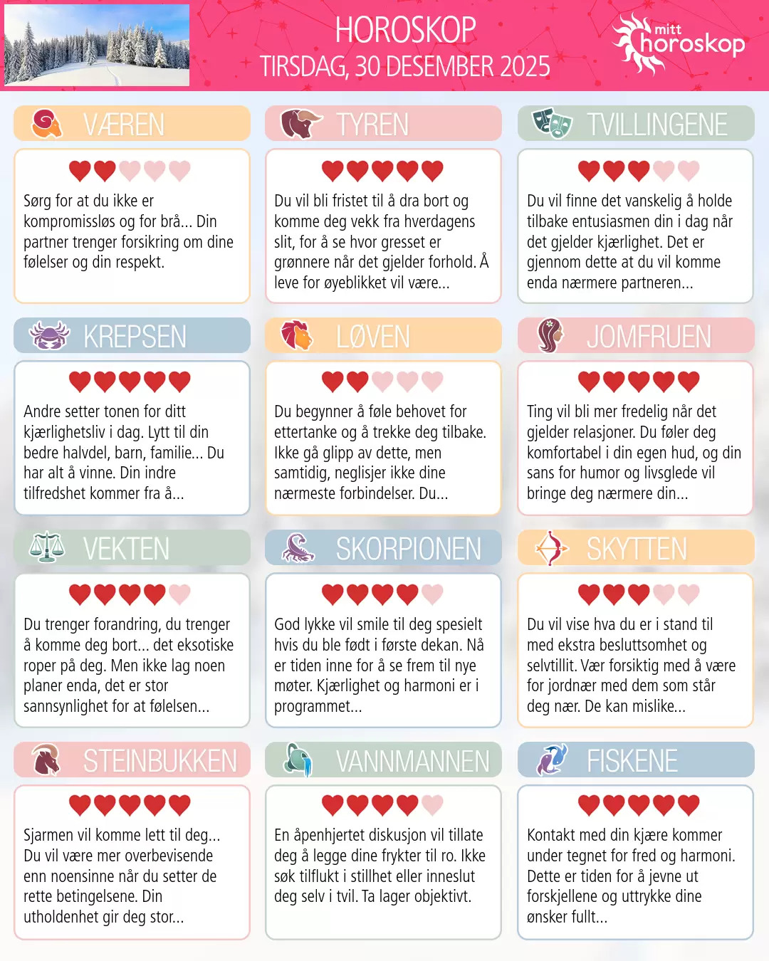 Horoskop for tirsdag 30 desember 2025
