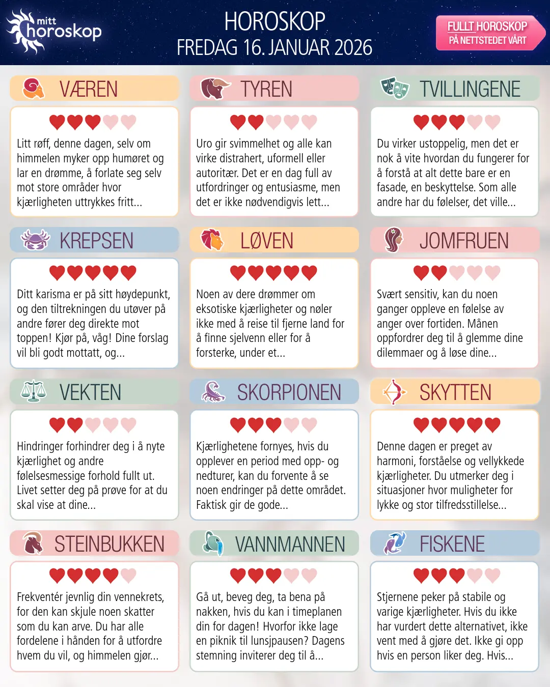 Horoskop for fredag 16 januar 2026