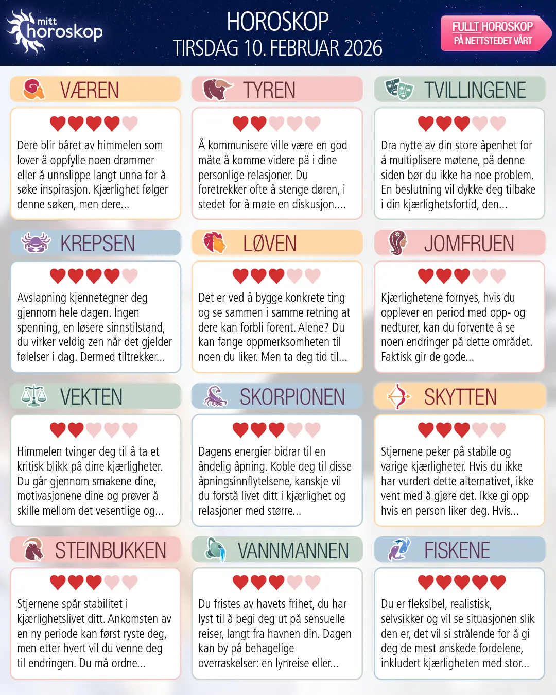 Horoskop for tirsdag 10 februar 2026