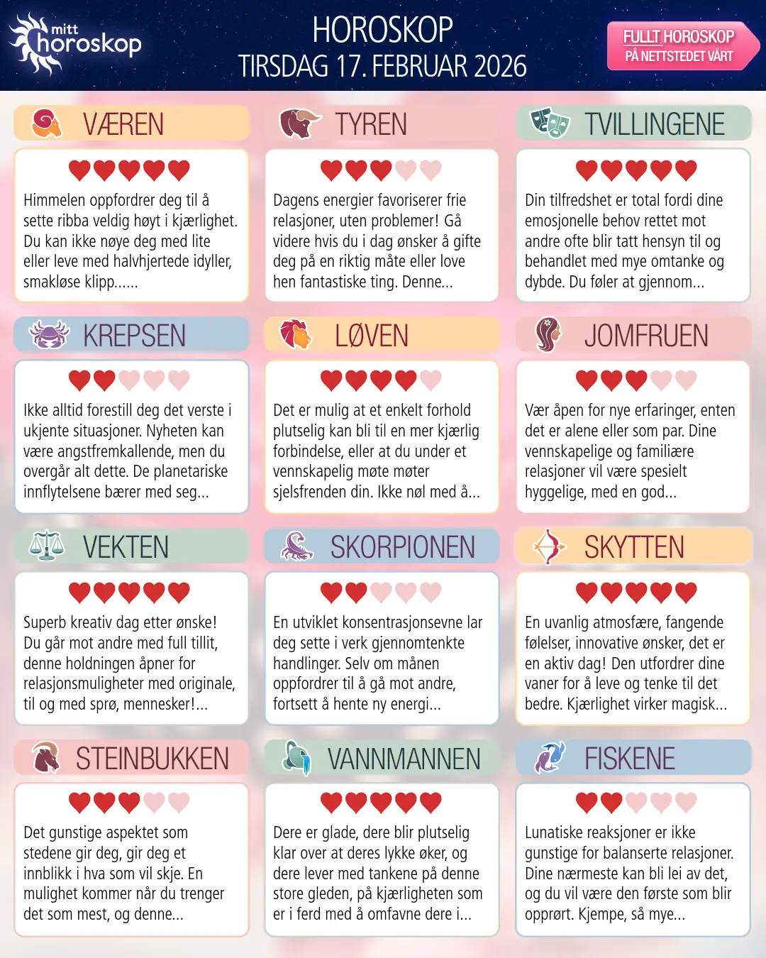 Horoskop for tirsdag 17 februar 2026