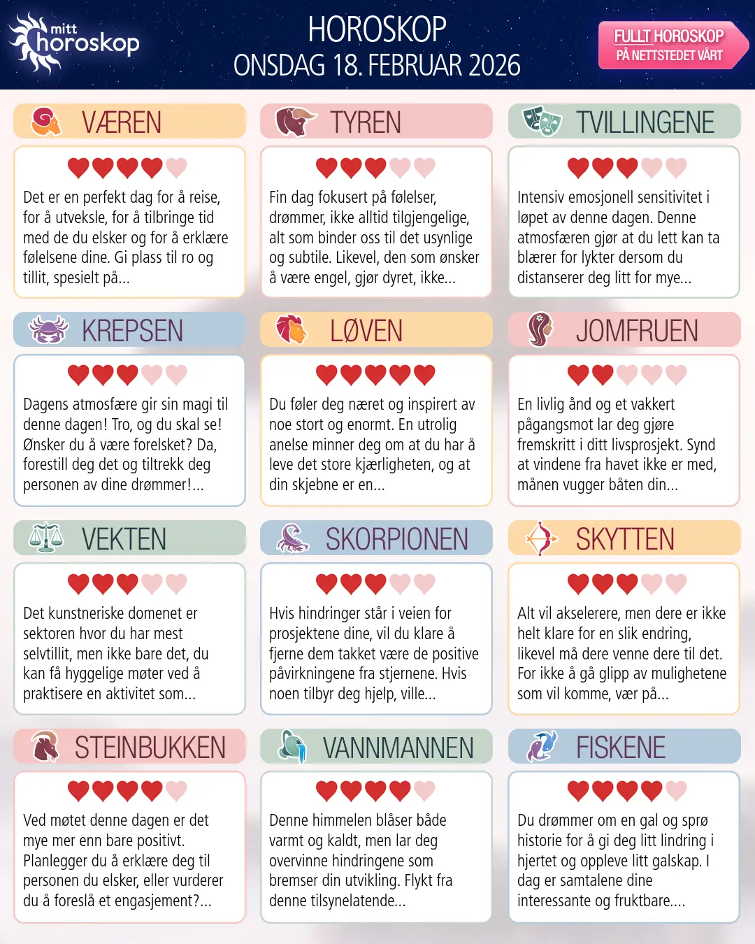 Horoskop for onsdag 18 februar 2026