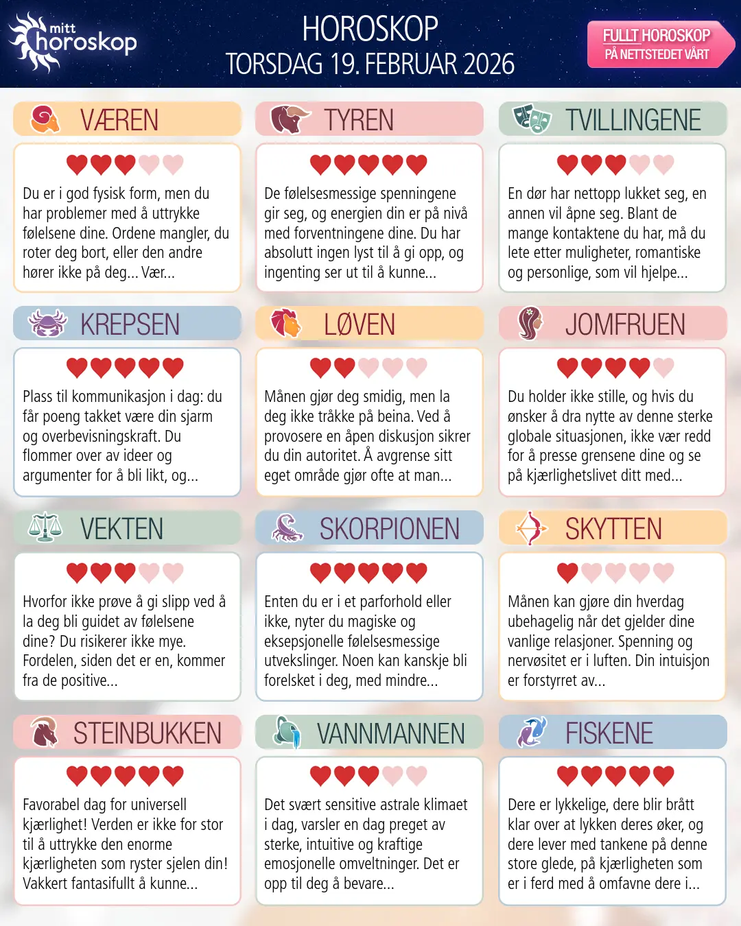 Horoskop for torsdag 19 februar 2026