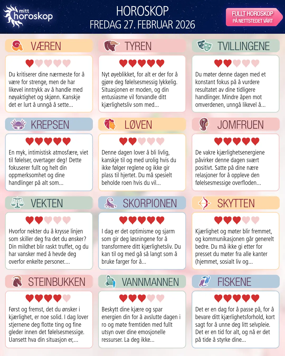 Horoskop for fredag 27 februar 2026