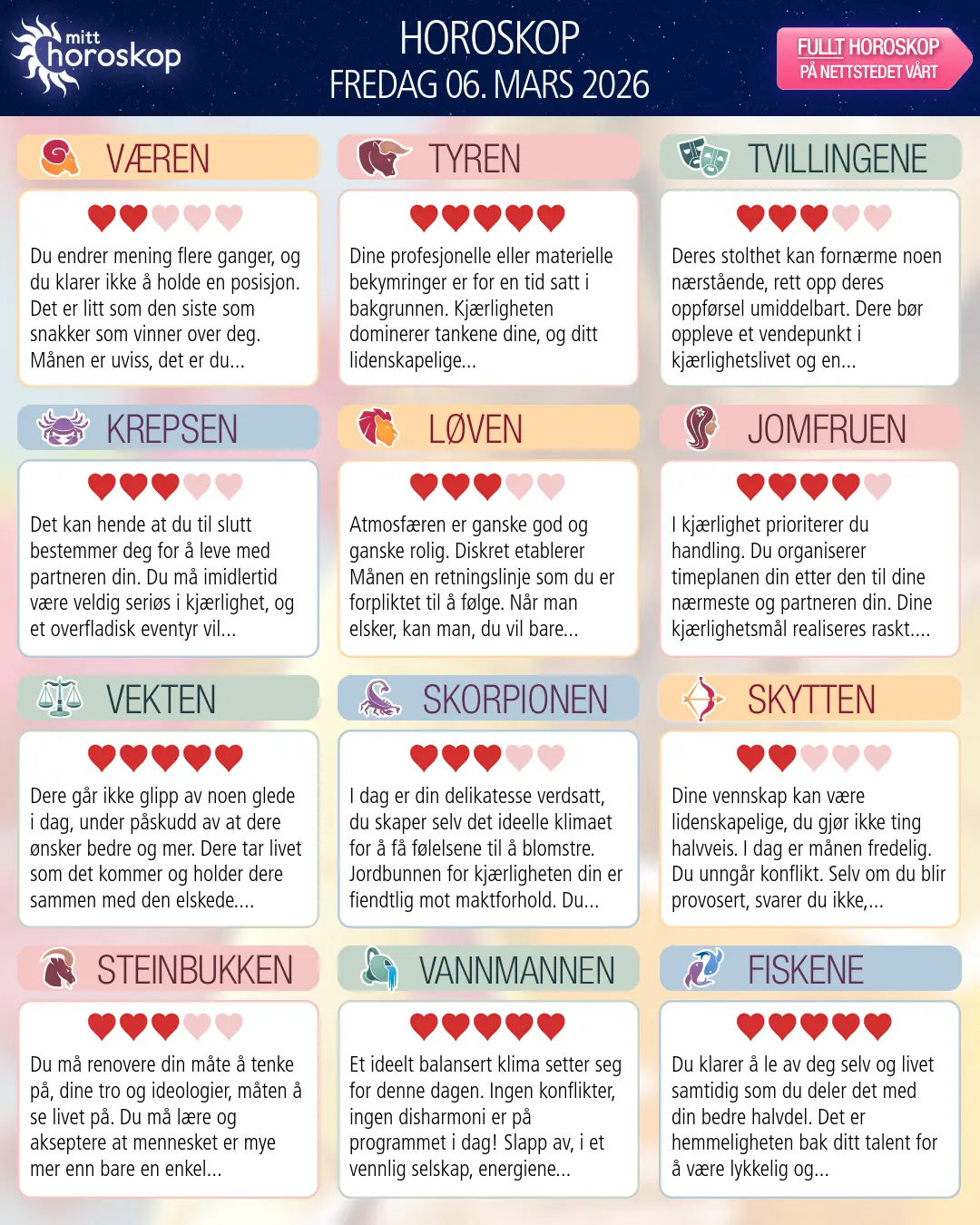 Horoskop for fredag 6 mars 2026