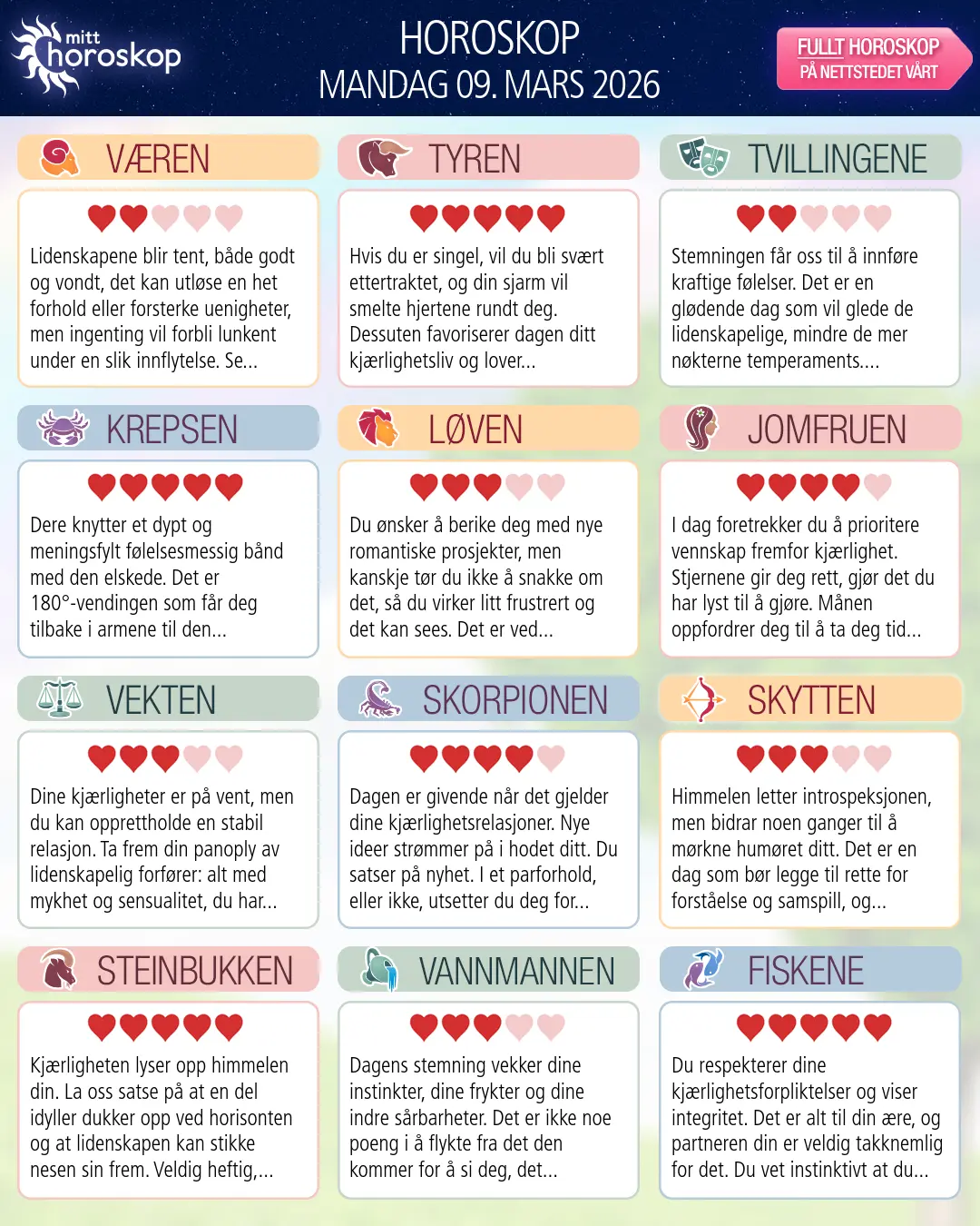 Horoskop for mandag 9 mars 2026