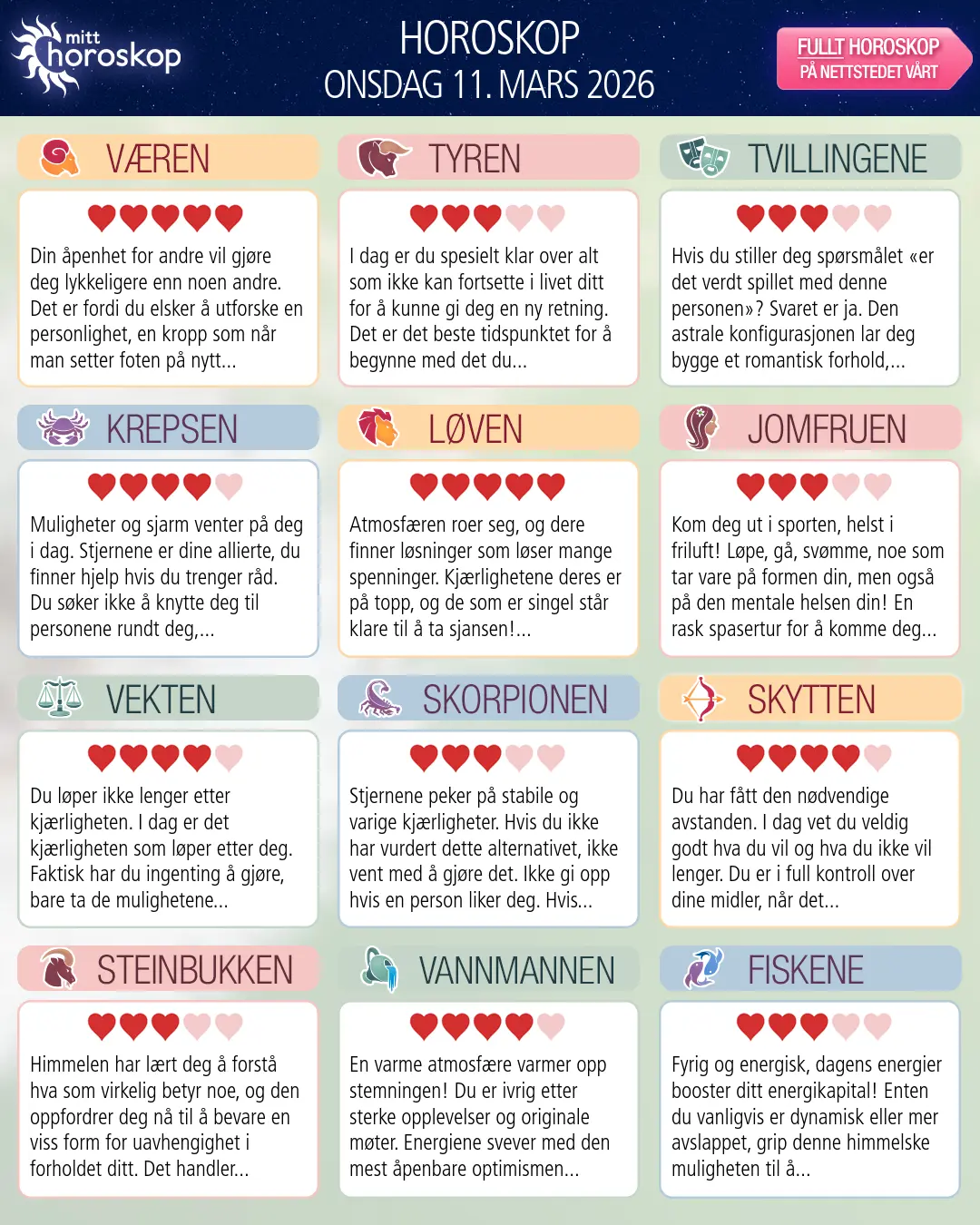 Horoskop for onsdag 11 mars 2026